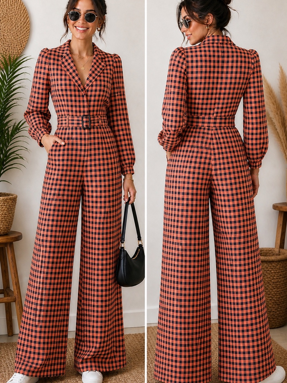 Nasty Gal Salmon/Black Gingham Tailored Jumpsuit | Belted | Wider Leg | US 0